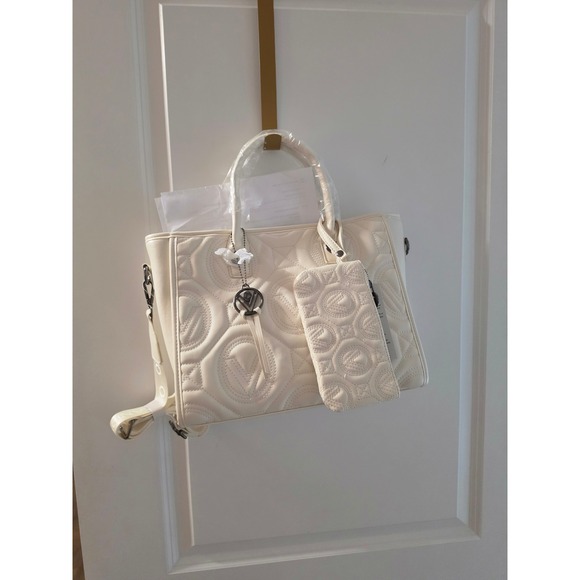 Valentino Orlandi Handbags - Valentino Orlandi Cream Quilted Logo Tote Bag Satchel with Pouch and Strap NEW